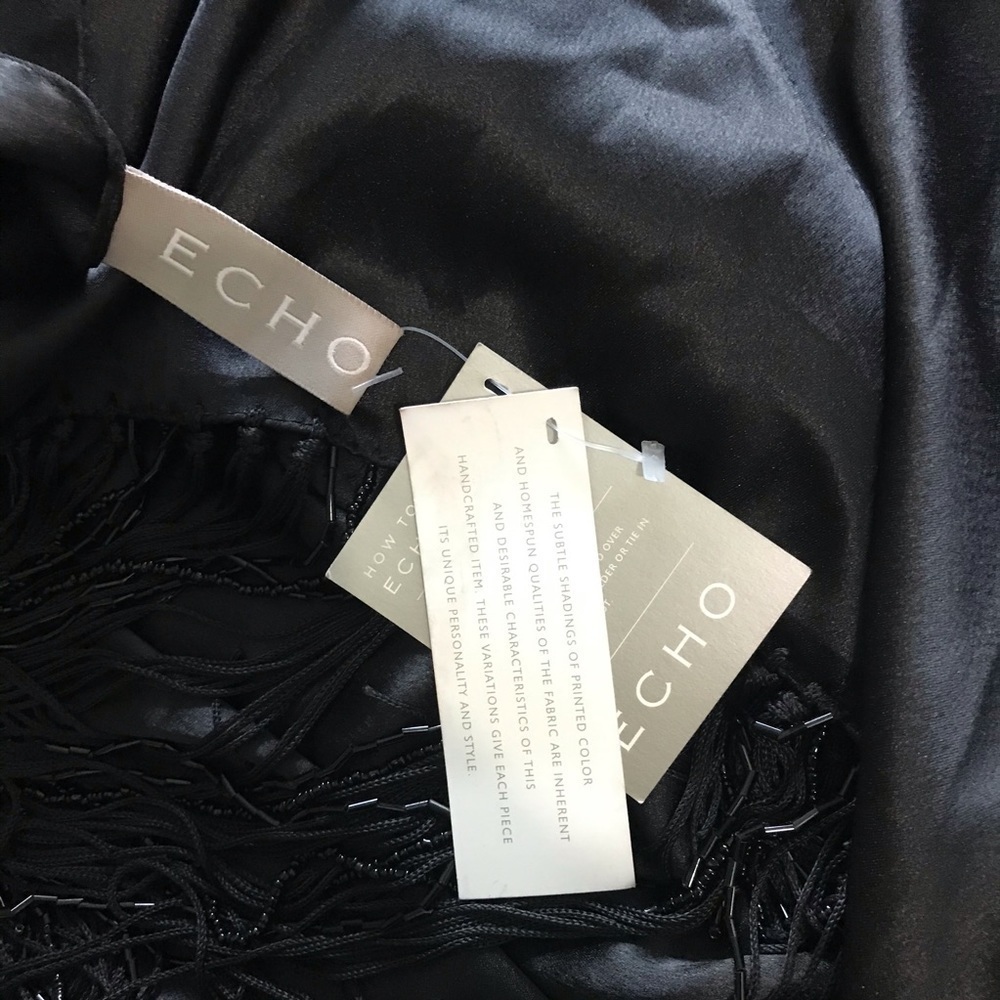 NWT Echo Black Beaded Fringe Poly Satin Wrap Scarf - Picture 3 of 3
